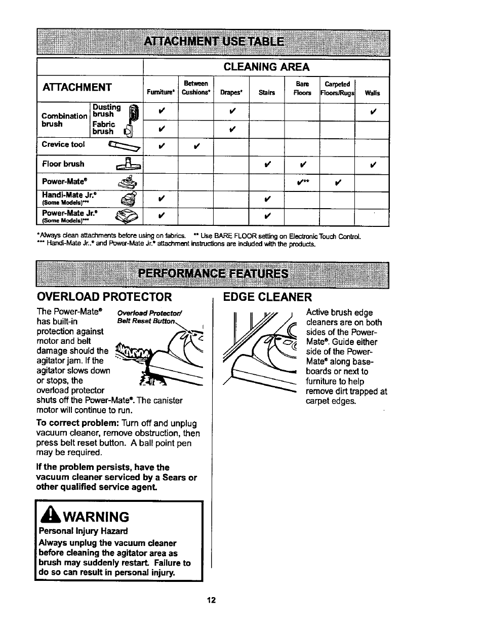 Performance features, Overload protector, Performance features -14 | Attachment use table, Performance features overload protector, Edge cleaner, Warning, Cleaning area attachment | Kenmore ASPIRADORA 116.25914 User Manual | Page 12 / 44