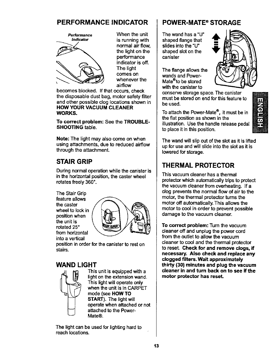 Performance indicator, Stair grip, Wand light | Power-mate® storage, Thermal protector | Kenmore ASPIRADORA 116.25914 User Manual | Page 13 / 44