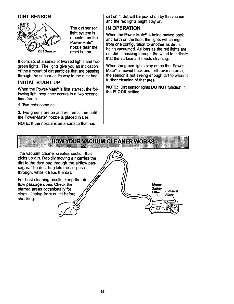 Dirt sensor, Initial start up | Kenmore ASPIRADORA 116.25914 User Manual | Page 14 / 44