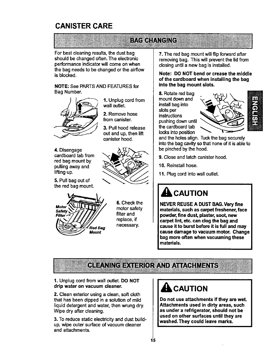 Canister care, Bag changing, Cleaning exterior and attachments | A caution, Canister care bag changing | Kenmore ASPIRADORA 116.25914 User Manual | Page 15 / 44