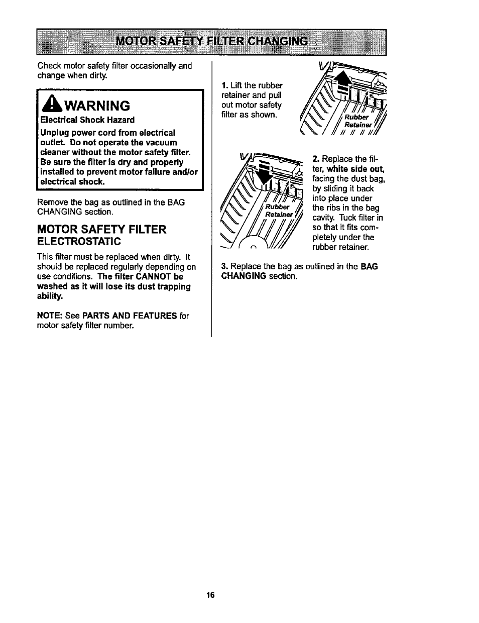 Motor safety filter changing, Warning, Motor safety filter electrostatic | Kenmore ASPIRADORA 116.25914 User Manual | Page 16 / 44