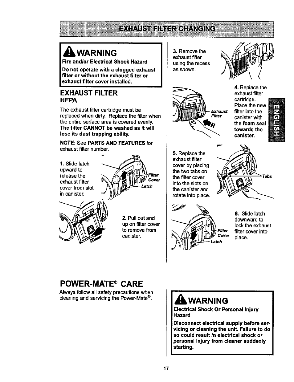 Exhaust filter changing, A warning, Power-mate® care | Power-mate* care, Exhaust filter hepa | Kenmore ASPIRADORA 116.25914 User Manual | Page 17 / 44