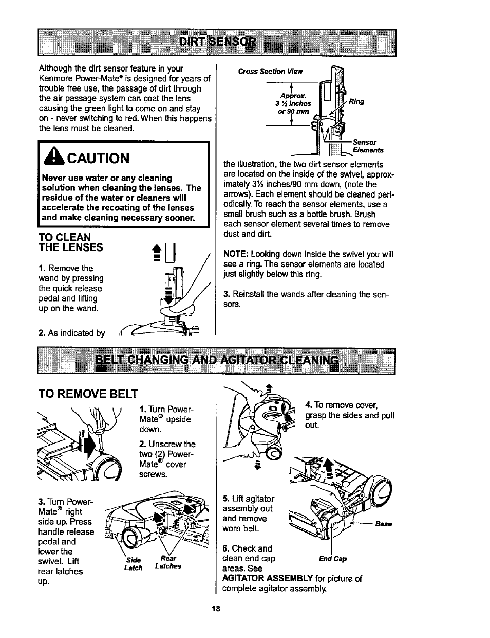 Dirt sensor, Belt changing and agitator cleaning, To remove belt | A caution, Belt changing and agitator cleaning to remove belt | Kenmore ASPIRADORA 116.25914 User Manual | Page 18 / 44