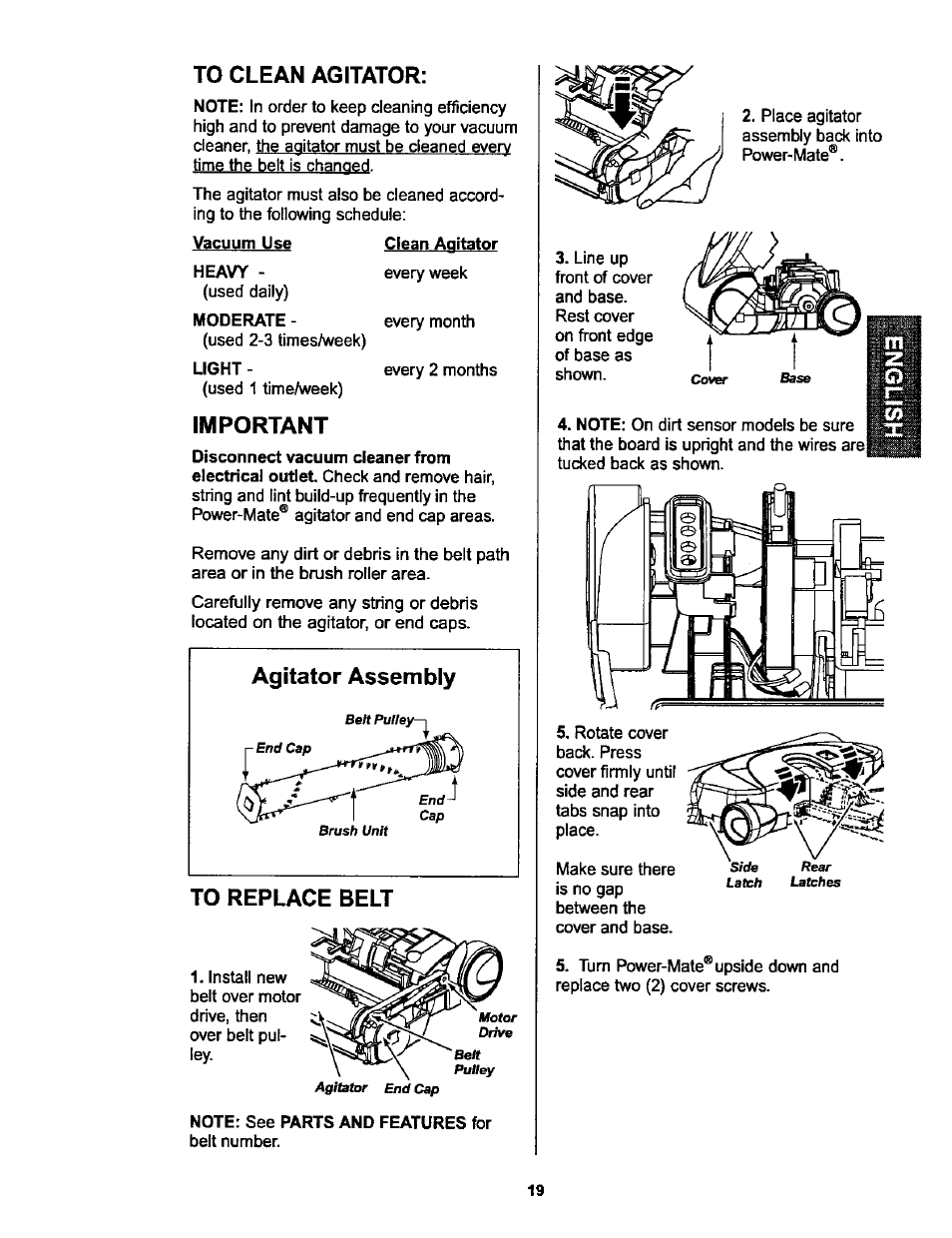 To clean agitator, Important | Kenmore ASPIRADORA 116.25914 User Manual | Page 19 / 44