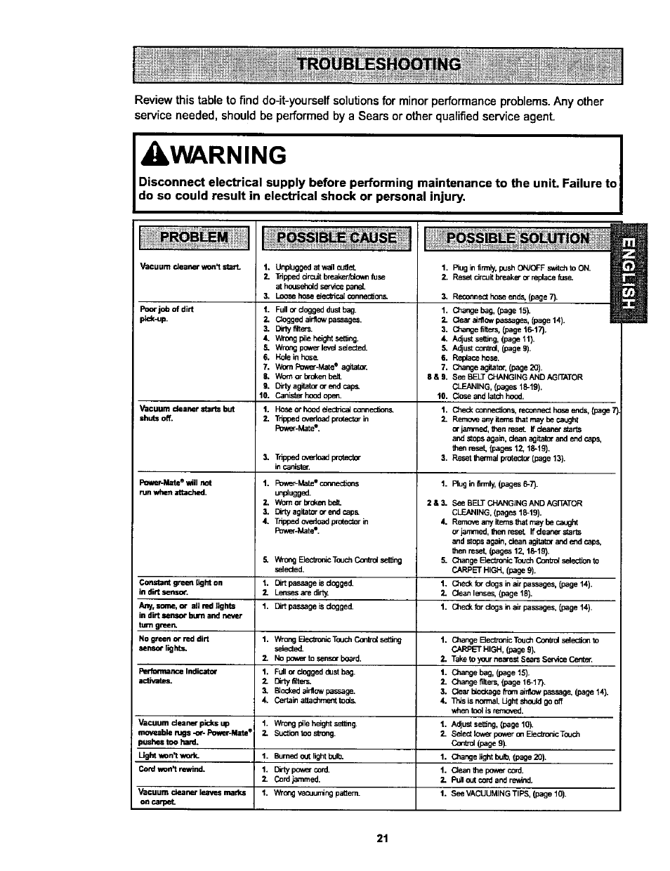 Amrning, Problem, Possible cause | Possible soluttohi | Kenmore ASPIRADORA 116.25914 User Manual | Page 21 / 44