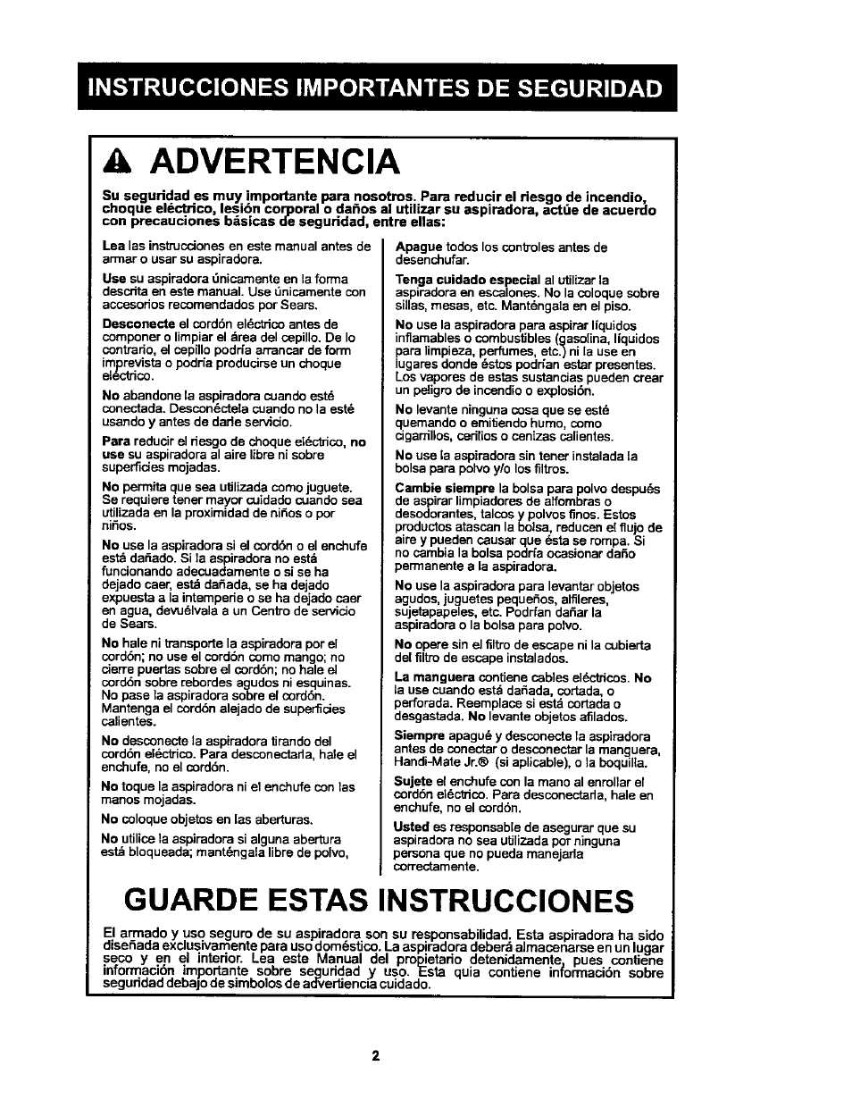 Instrucciones importantes de seguridad, A advertencia, Guarde estas instrucciones | Kenmore ASPIRADORA 116.25914 User Manual | Page 24 / 44