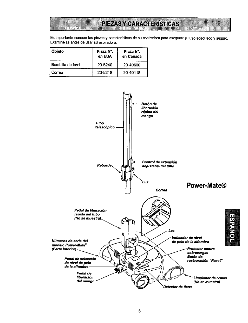 Ptezas y caracteristicas, Power-mate, Piezas y caractenstícas -4 | Kenmore ASPIRADORA 116.25914 User Manual | Page 25 / 44