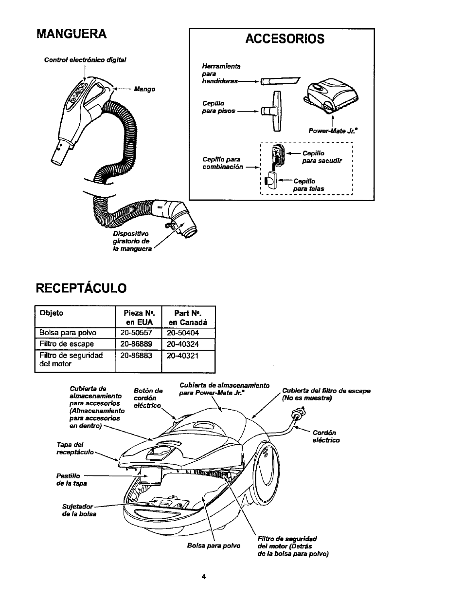 Manguera, Accesorios, Receptaculo | Kenmore ASPIRADORA 116.25914 User Manual | Page 26 / 44