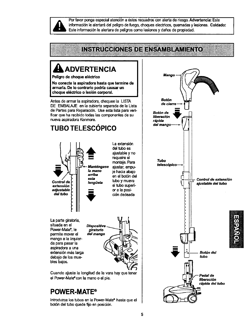 A advertencia, Tubo telescópico, Power-mate | Instrucciones de ensamblamiento | Kenmore ASPIRADORA 116.25914 User Manual | Page 27 / 44