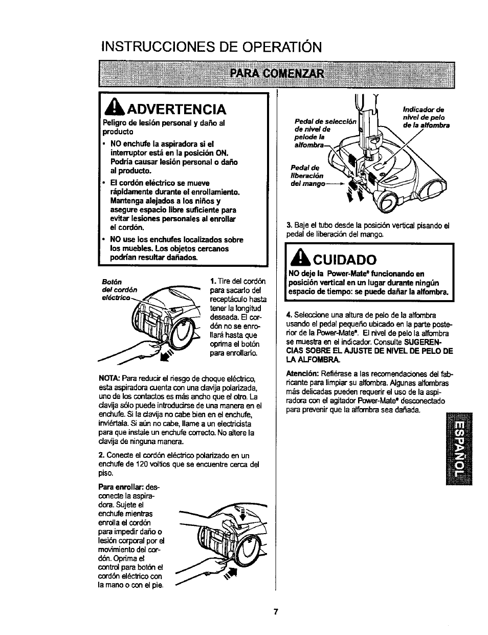 Instrucciones de operatión, Advertencia, A cuidado | Instrucciones de operation, Instrucciones de operatión advertencia | Kenmore ASPIRADORA 116.25914 User Manual | Page 29 / 44