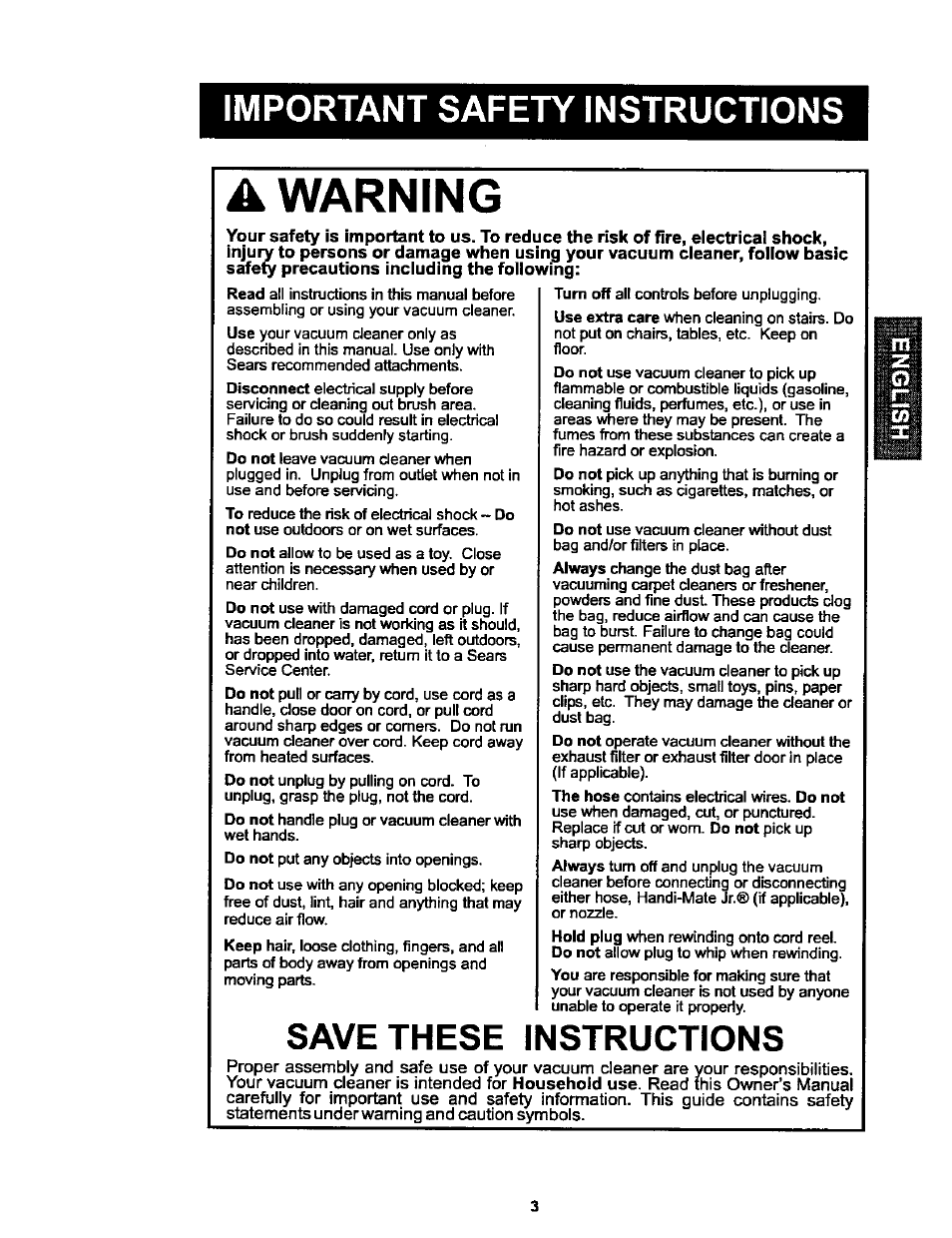 Important safety instructions, Save these instructions, A warning | Kenmore ASPIRADORA 116.25914 User Manual | Page 3 / 44