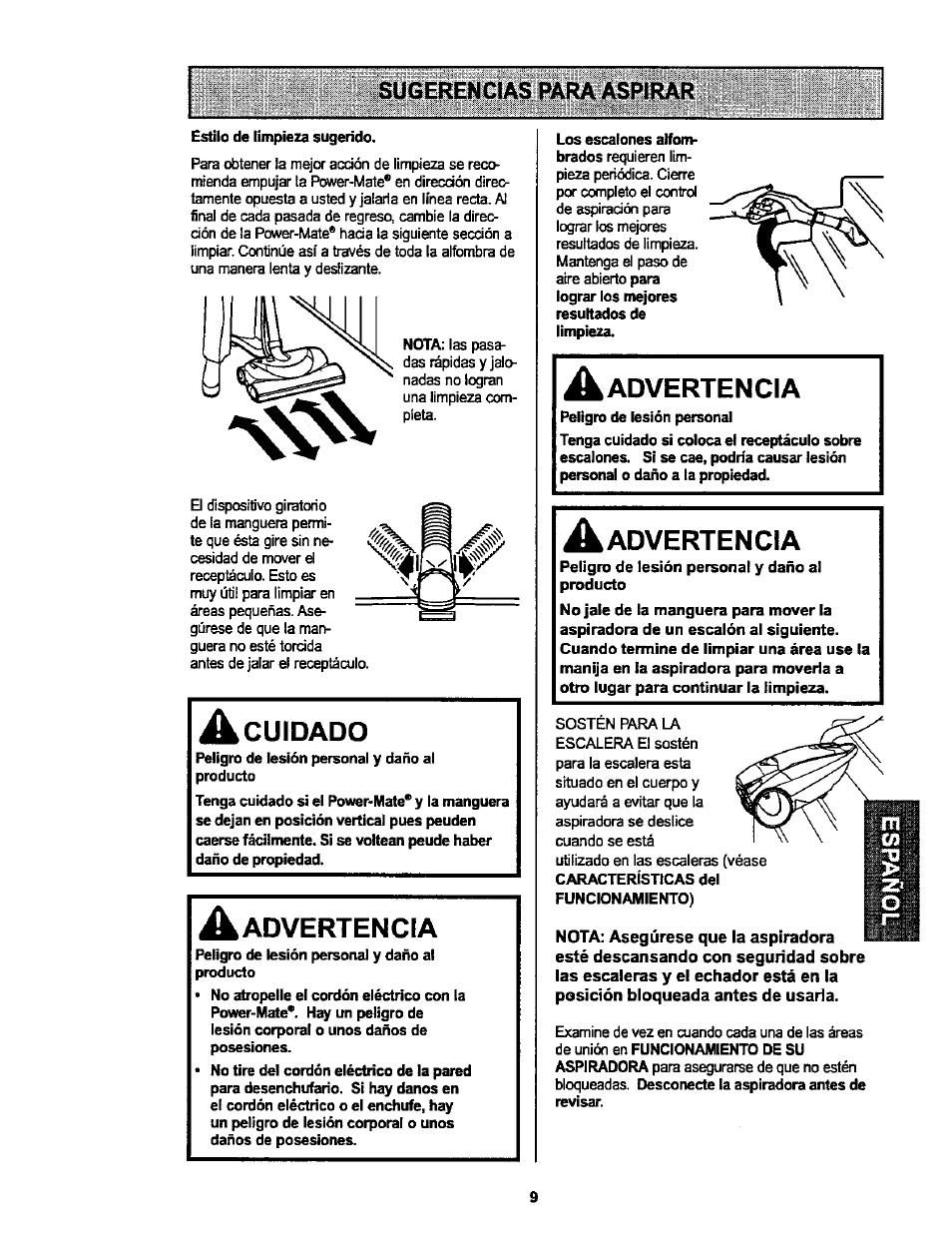 Sugerencias para aspirar, A cuidado, Sugerendas para aspirar | Advertencia | Kenmore ASPIRADORA 116.25914 User Manual | Page 31 / 44