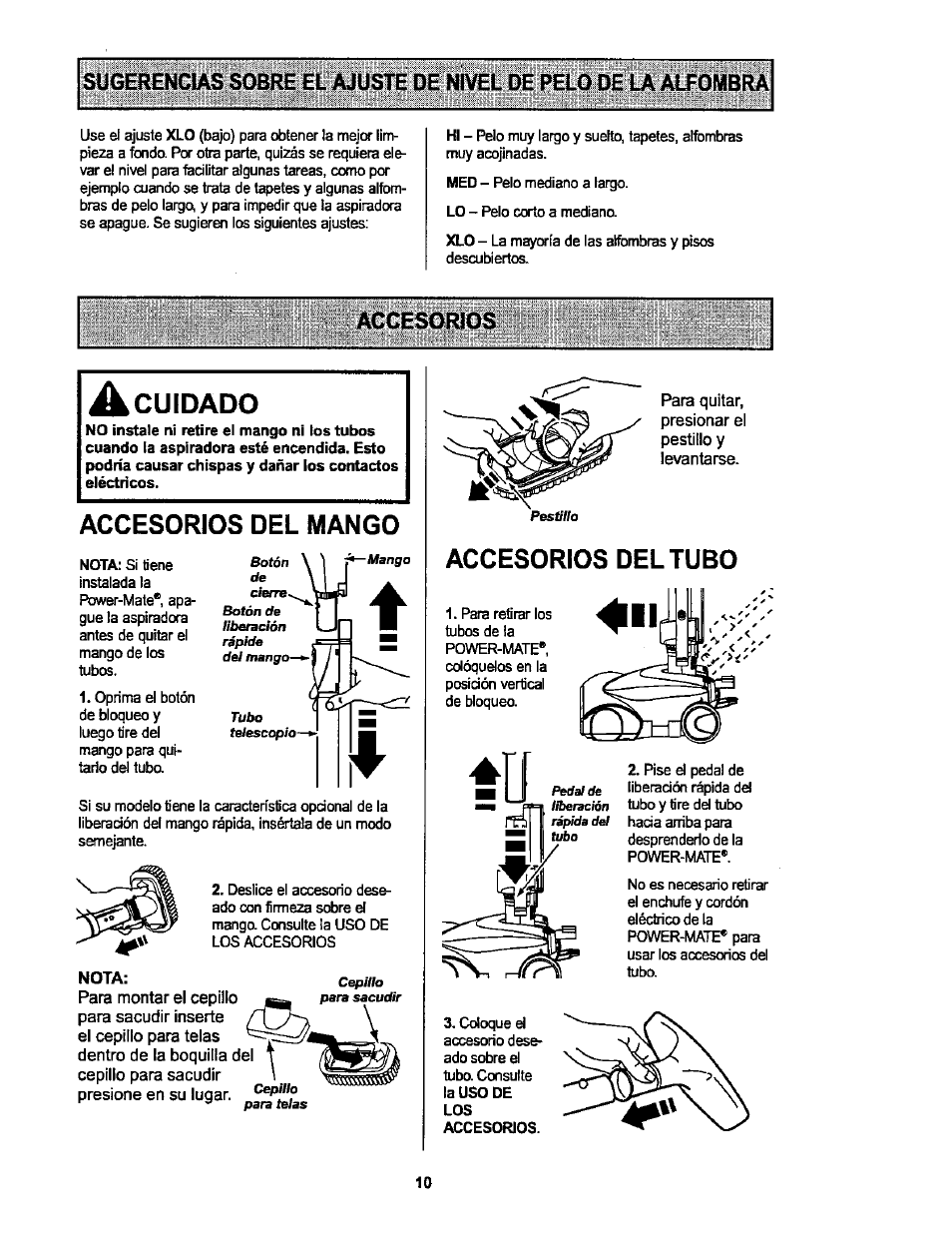 Ассевошов, A cuidado, Accesorios del mango | Accesorios del tubo, Cuidado | Kenmore ASPIRADORA 116.25914 User Manual | Page 32 / 44