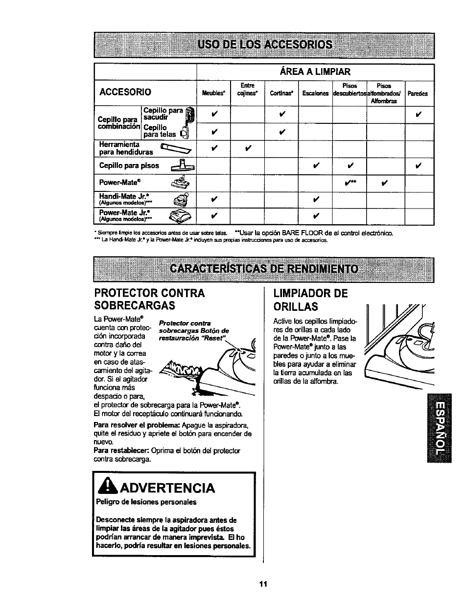 Uso de los accesorios, Características de rendimiento, Protector contra sobrecargas | Advertencia, Limpiador de orillas, De los accesorios | Kenmore ASPIRADORA 116.25914 User Manual | Page 33 / 44