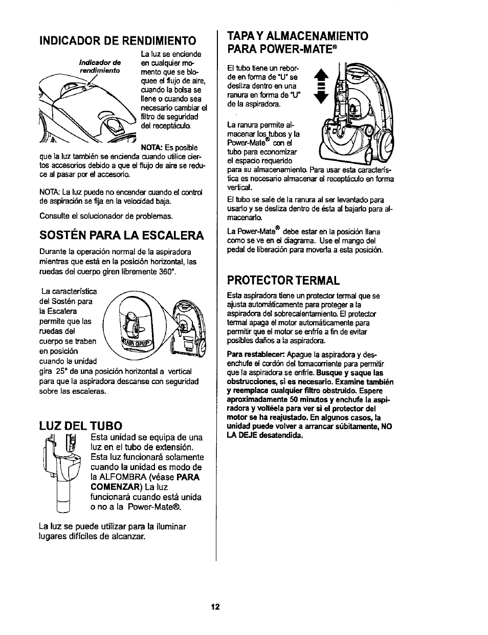 Indicador de rendimiento, Sostén para la escalera, Luz del tubo | Taray almacenamiento para power-mate, Protector termal | Kenmore ASPIRADORA 116.25914 User Manual | Page 34 / 44