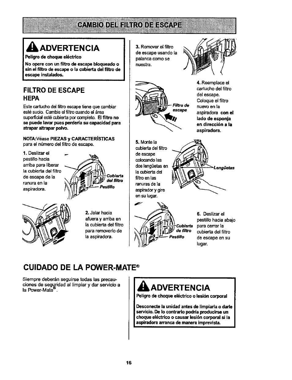 Cambio del filtro de escape, Filtro de escape hepa, Cuidado de la power-mate | Cuidado de ia power-mate, Filtro de escape, Advertencia, Hepa | Kenmore ASPIRADORA 116.25914 User Manual | Page 38 / 44