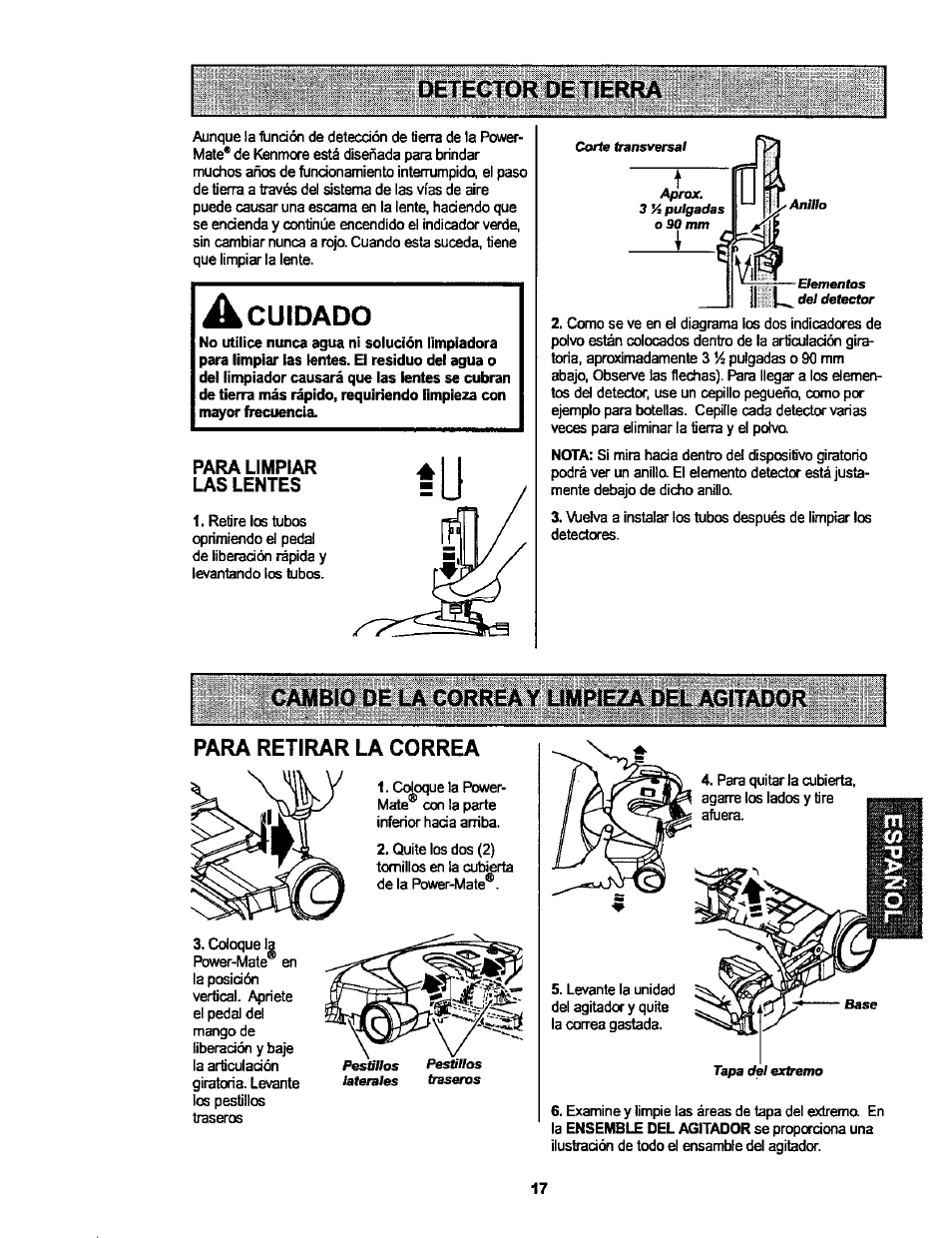 Para retirar la correa, Cuidado | Kenmore ASPIRADORA 116.25914 User Manual | Page 39 / 44