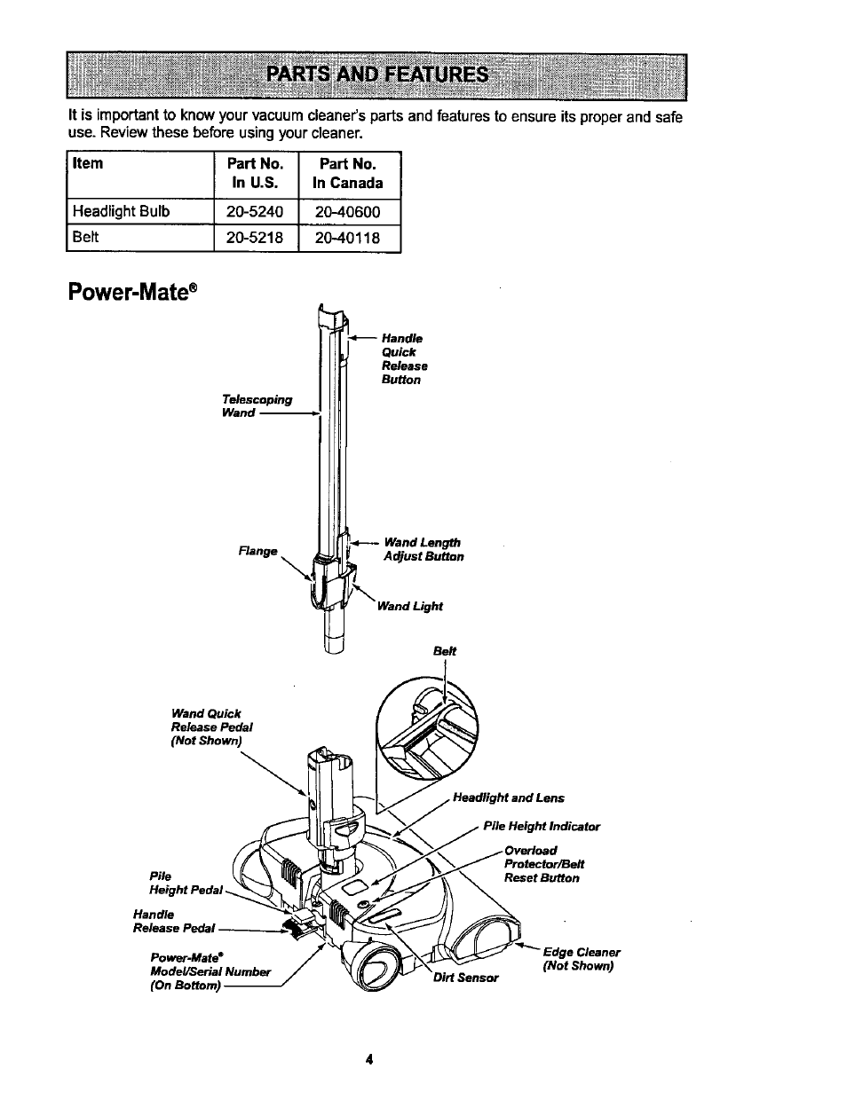 Parts and features, Power-mate, Parts and features -5 | Kenmore ASPIRADORA 116.25914 User Manual | Page 4 / 44