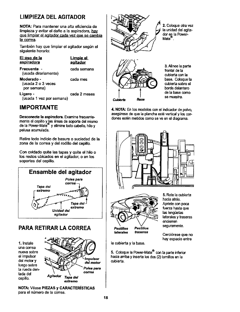 Limpieza del agitador, Importante, Para retirar la correa | Ensamble del agitador | Kenmore ASPIRADORA 116.25914 User Manual | Page 40 / 44