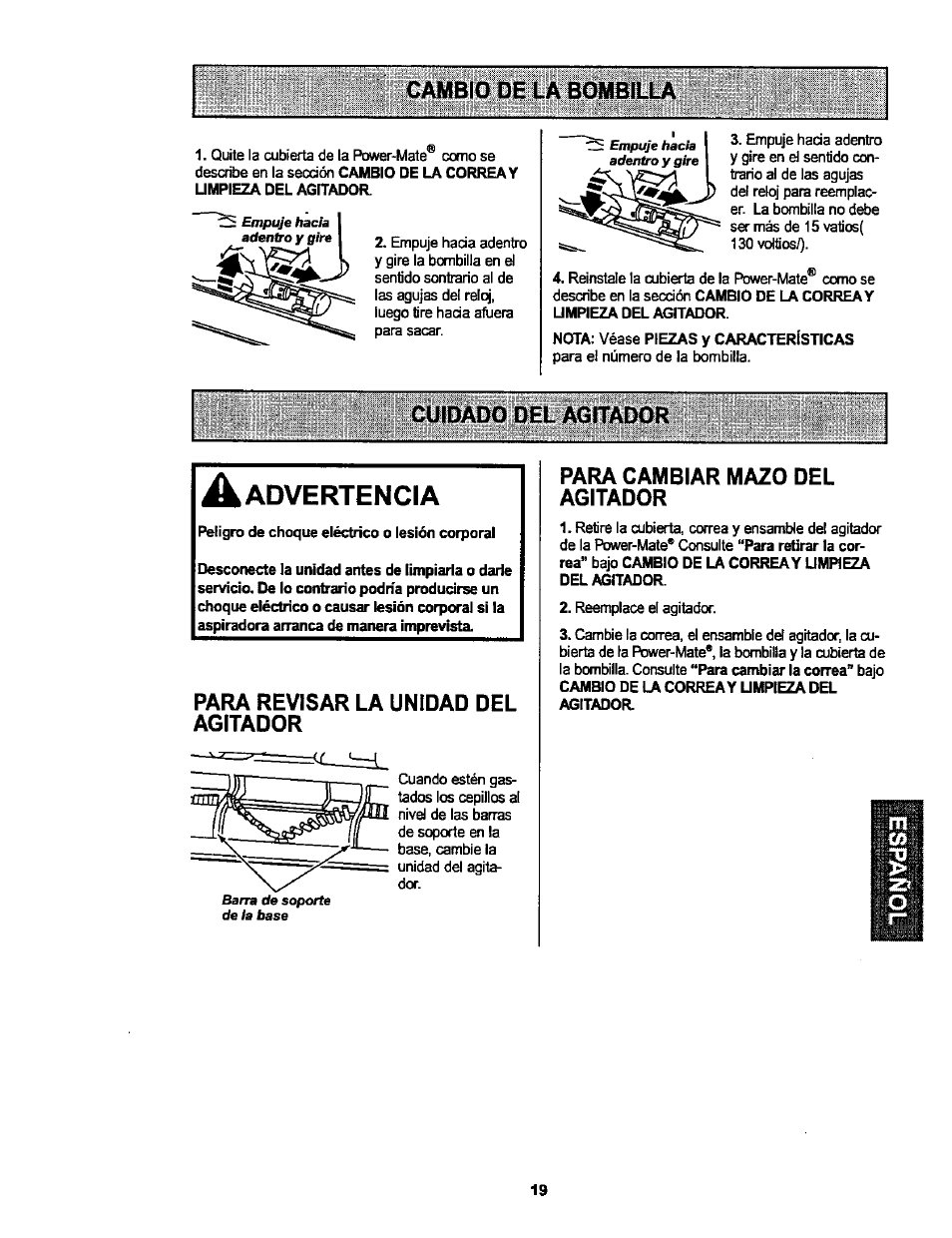 Cuidado del agitador, Para revisar la unidad del agitador, Para cambiar mazo del agitador | Advertencia | Kenmore ASPIRADORA 116.25914 User Manual | Page 41 / 44