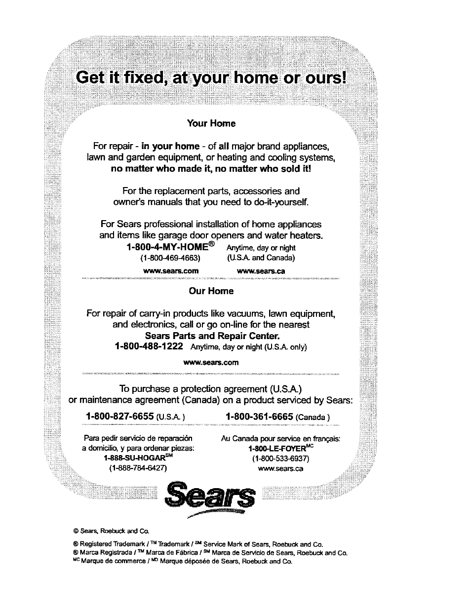 Get it fixedj at your home or ours | Kenmore ASPIRADORA 116.25914 User Manual | Page 44 / 44