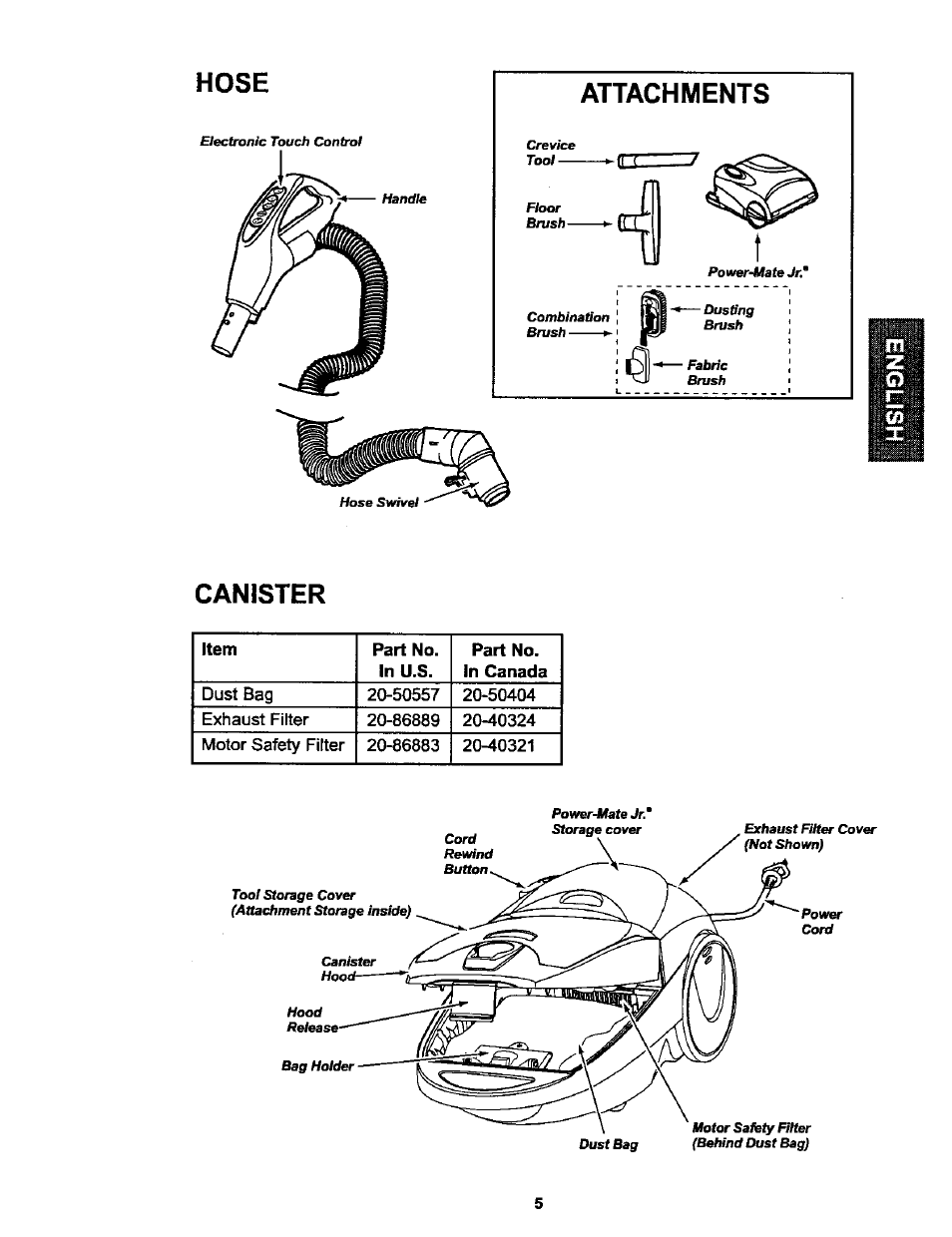 Hose, Canister | Kenmore ASPIRADORA 116.25914 User Manual | Page 5 / 44