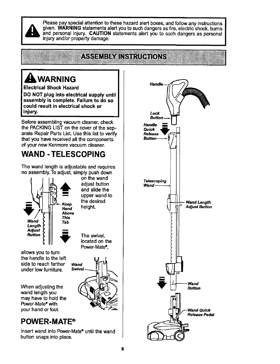 Assembly instructions, Wand-telescoping, Power-mate | Assembly instructions -7, Warning | Kenmore ASPIRADORA 116.25914 User Manual | Page 6 / 44