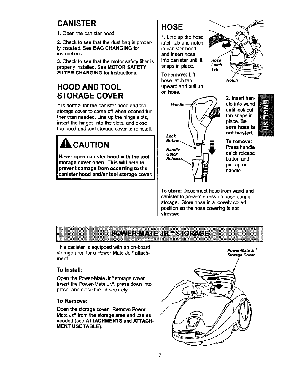 Canister, Hood andtool storage cover, A caution | Hose, Power-mate jr ® storage, Power-mate jr." storage, Caution | Kenmore ASPIRADORA 116.25914 User Manual | Page 7 / 44