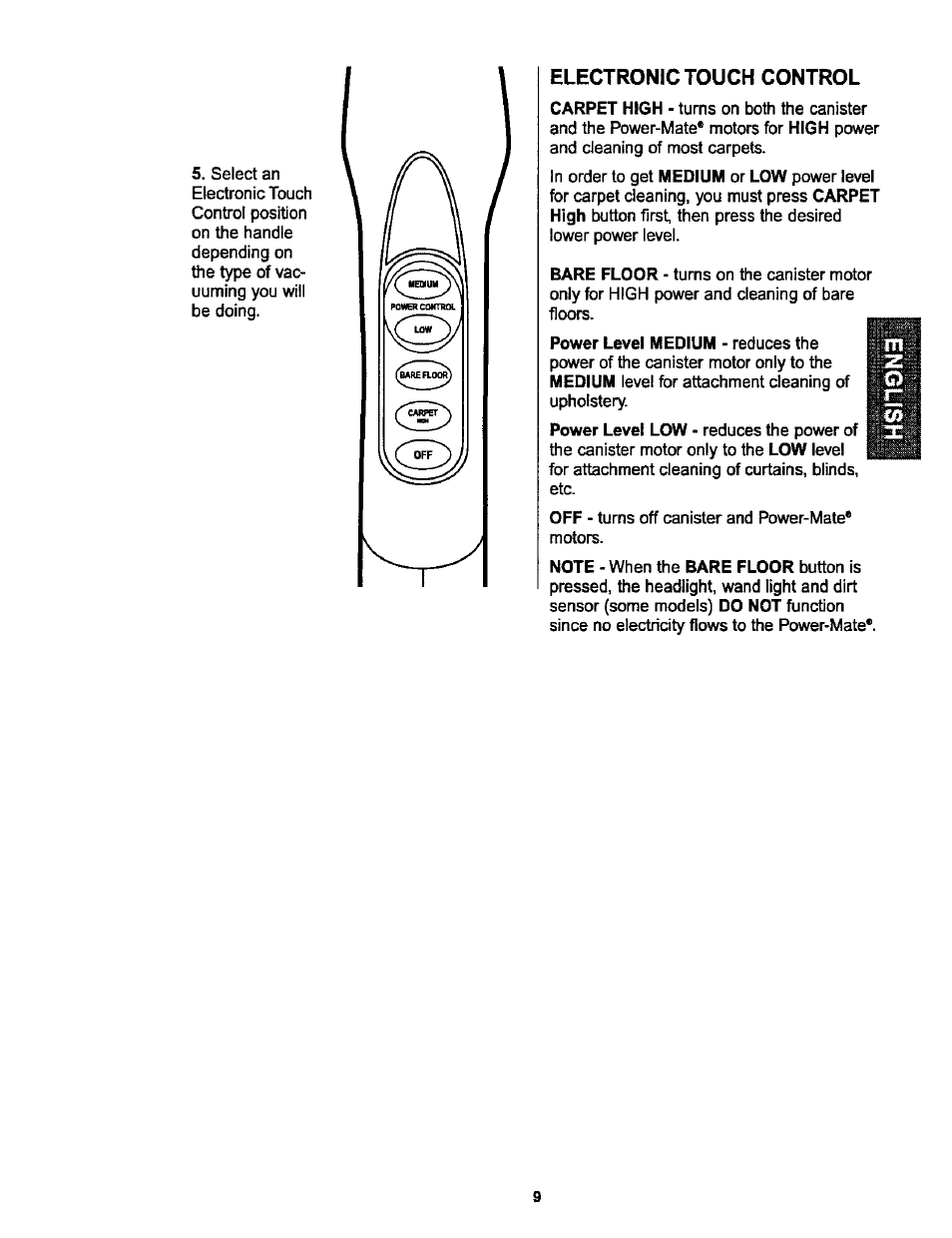 Electronic touch control | Kenmore ASPIRADORA 116.25914 User Manual | Page 9 / 44