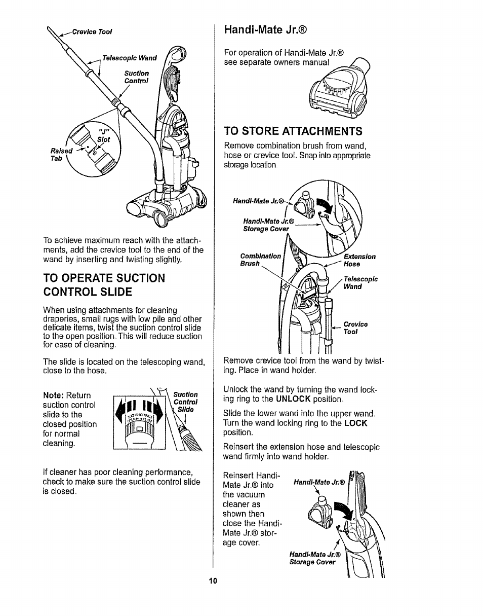 To operate suction control slide, Handi-wlate jr, To store attachwients | Kenmore 116.32734 User Manual | Page 10 / 23