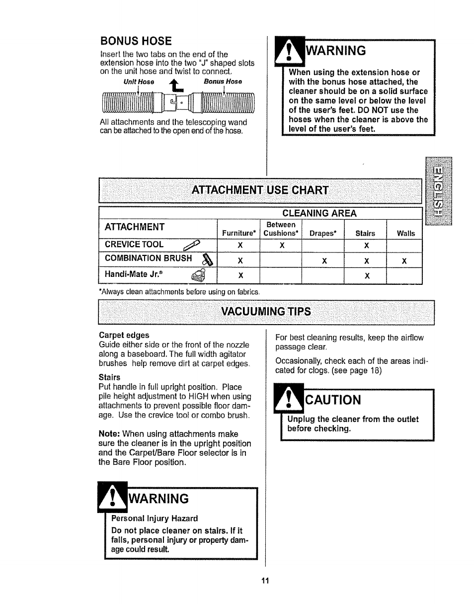 Bonus hose, Warning, Caution | Attachment use chart, Vacuumfng tips | Kenmore 116.32734 User Manual | Page 11 / 23