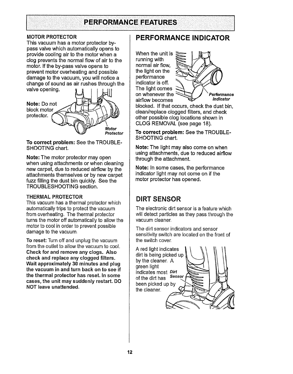 Performance features, Dirt sensor, Performance features -13 | Kenmore 116.32734 User Manual | Page 12 / 23