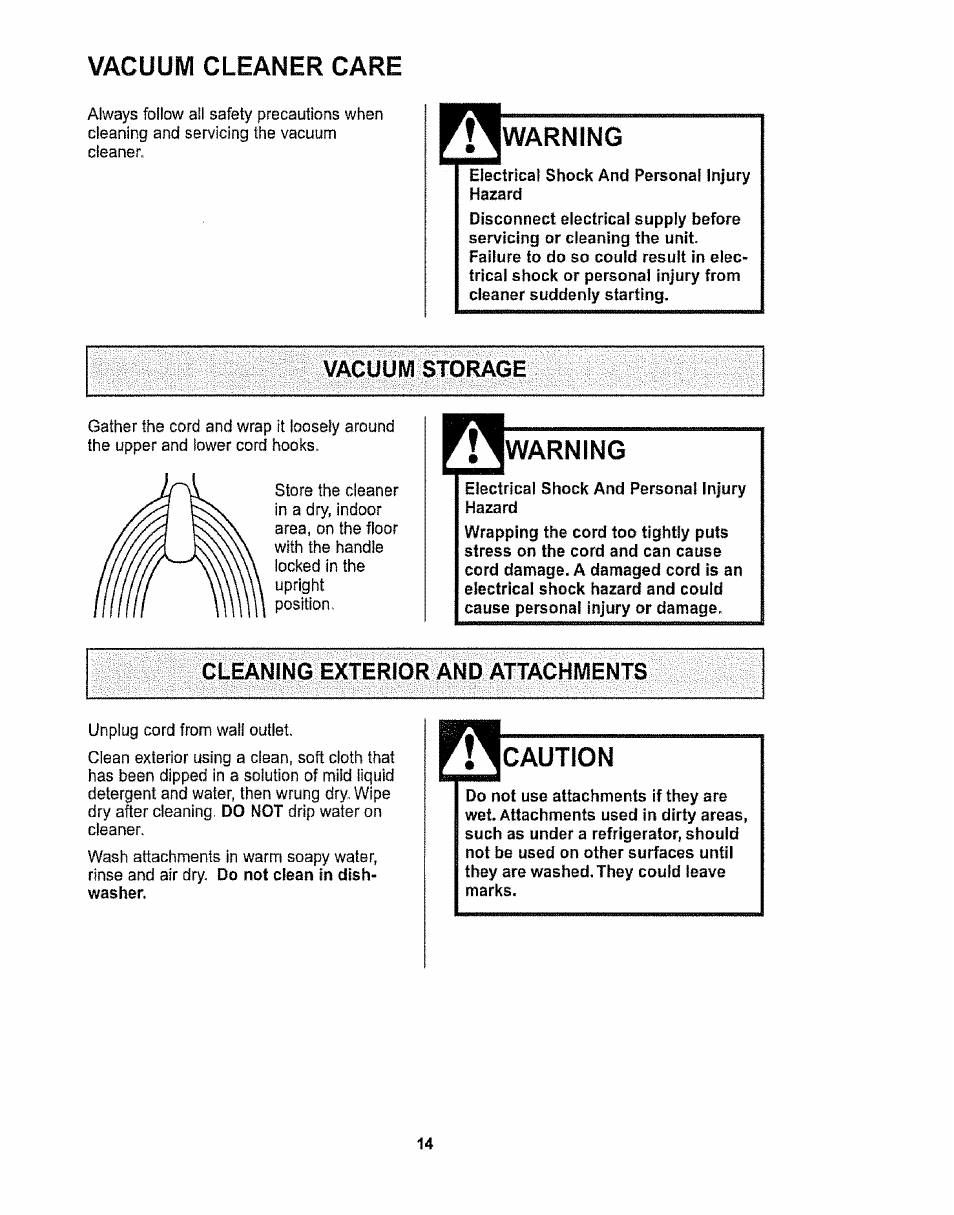 Vacuum storage, Warning, Cleaning exterior and attachments | Caution | Kenmore 116.32734 User Manual | Page 14 / 23