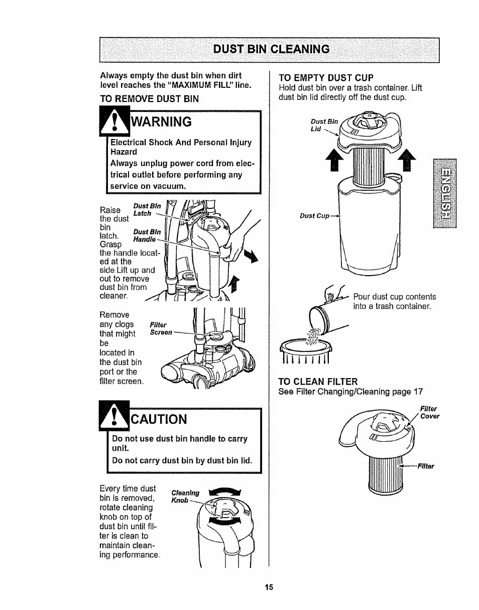 Warning, Dust bin cleaning | Kenmore 116.32734 User Manual | Page 15 / 23