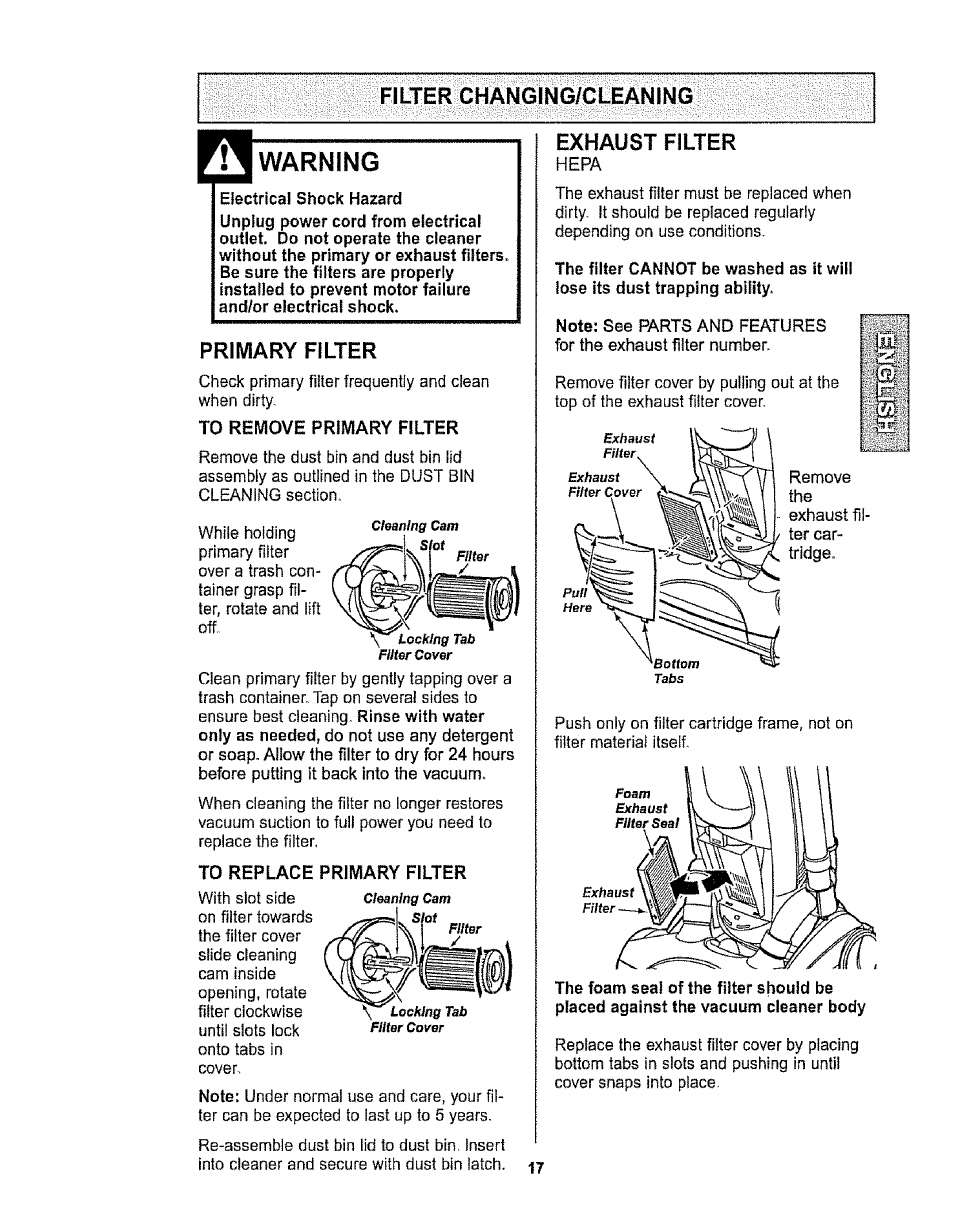 Pli tpr paniikir, Warning, Primary filter | Kenmore 116.32734 User Manual | Page 17 / 23