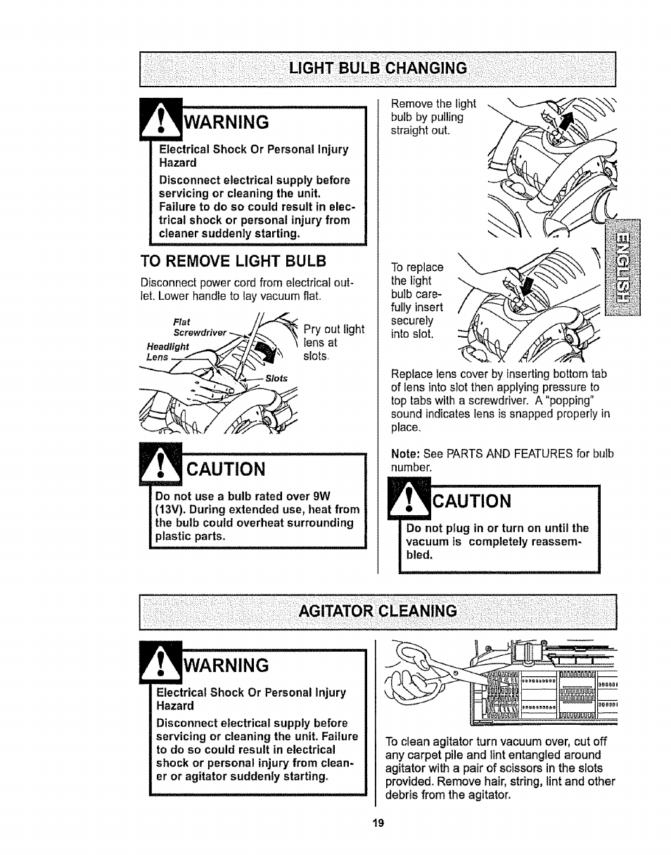 Light bulb changing, Warning, To remove light bulb | Caution, Agitator cleaning | Kenmore 116.32734 User Manual | Page 19 / 23