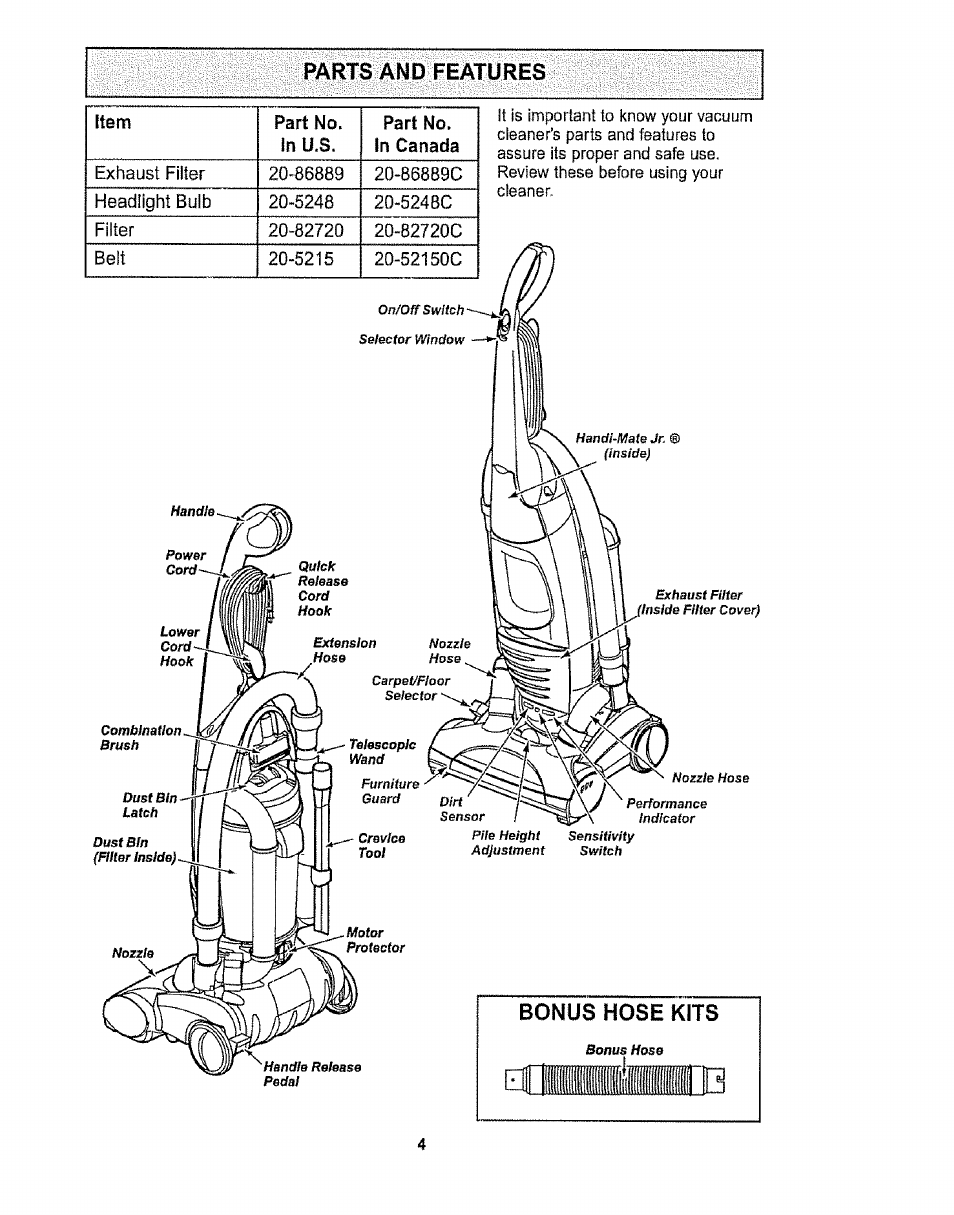 Parts and features, Bonus hose kits | Kenmore 116.32734 User Manual | Page 4 / 23