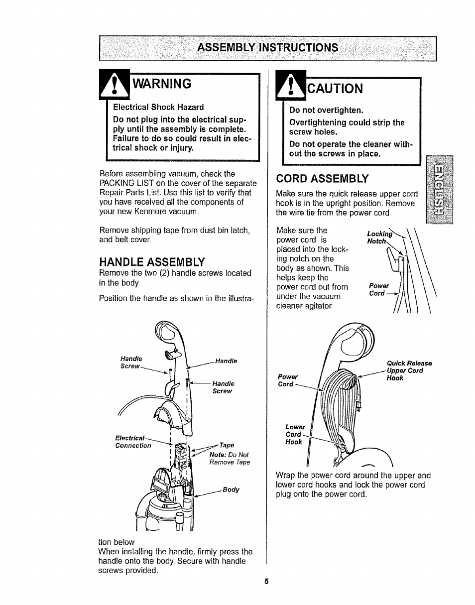 Assembly instructions, Warning, Handle assembly | Cord assembly, Caution | Kenmore 116.32734 User Manual | Page 5 / 23