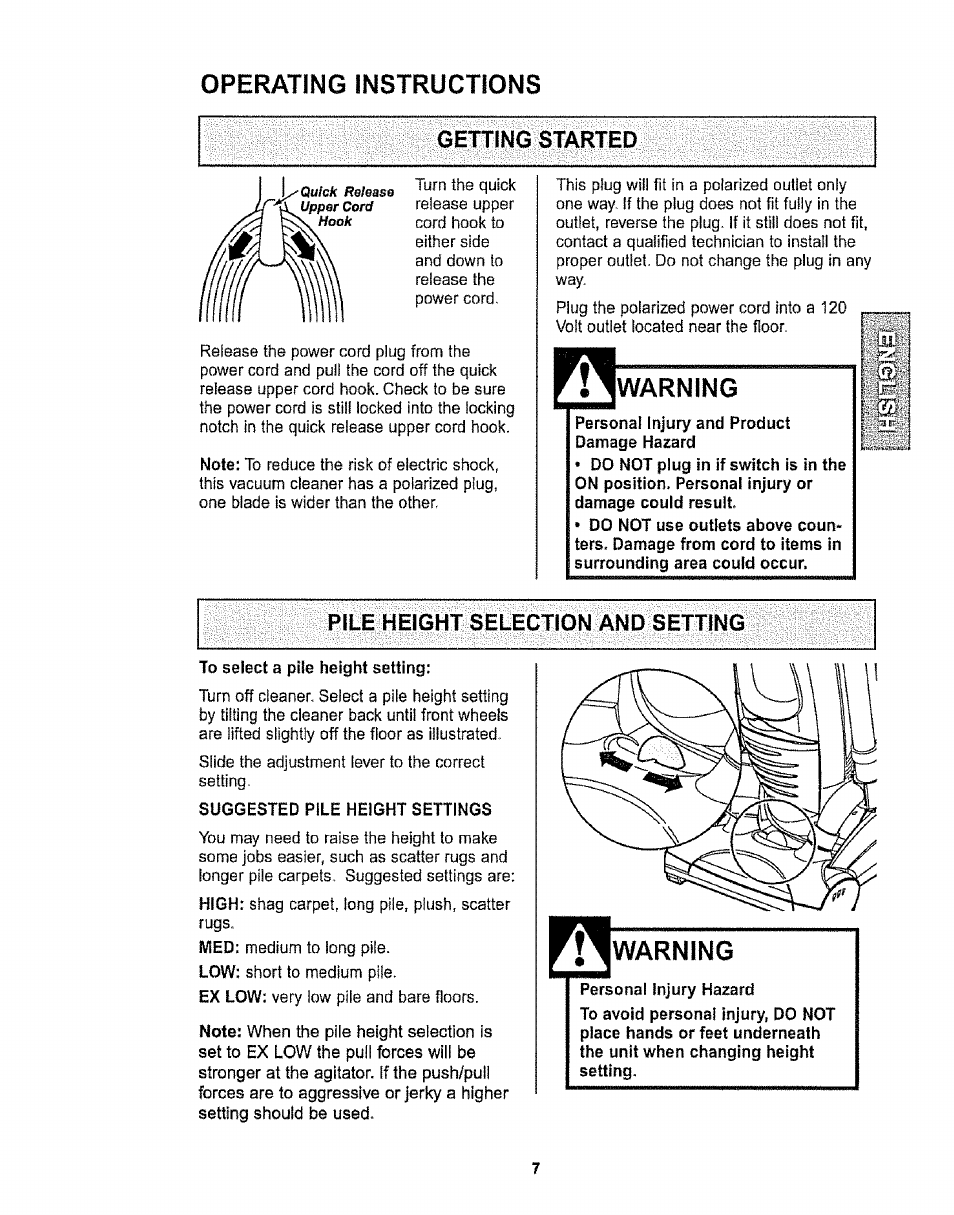 Operating instructions, Pile height selection and setting, Warning | Getting started | Kenmore 116.32734 User Manual | Page 7 / 23