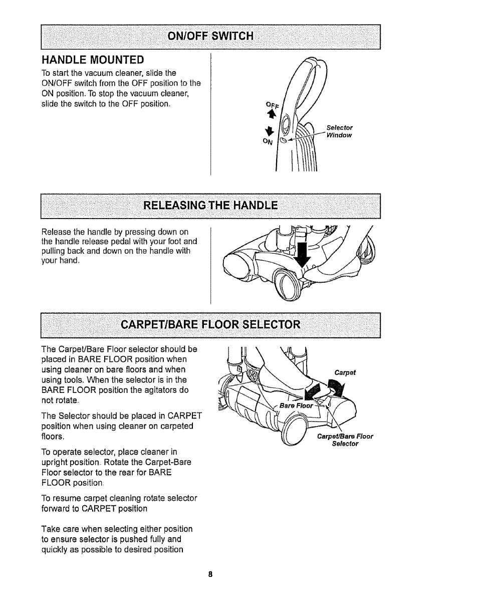 On/off switch handle wiounted, Carpet/bare floor selector | Kenmore 116.32734 User Manual | Page 8 / 23