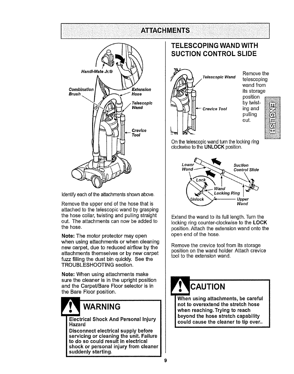 Attachments, Warning, Telescoping wand with suction control slide | Caution, Attachments -11 | Kenmore 116.32734 User Manual | Page 9 / 23