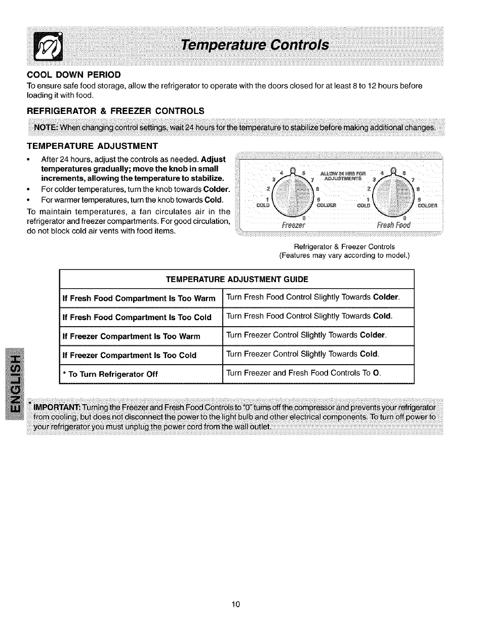 Temperature controls, Refrigerator & freezer controls, Temperature adjustment | Kenmore 25353222301 User Manual | Page 10 / 25