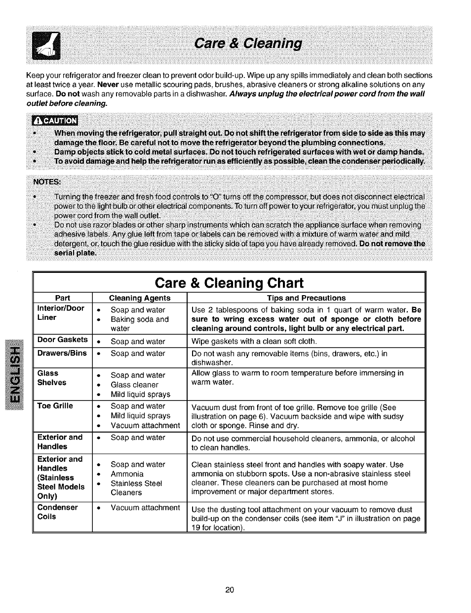 Care & cleaning, Notes, Care & cleaning chart | Kenmore 25353222301 User Manual | Page 20 / 25