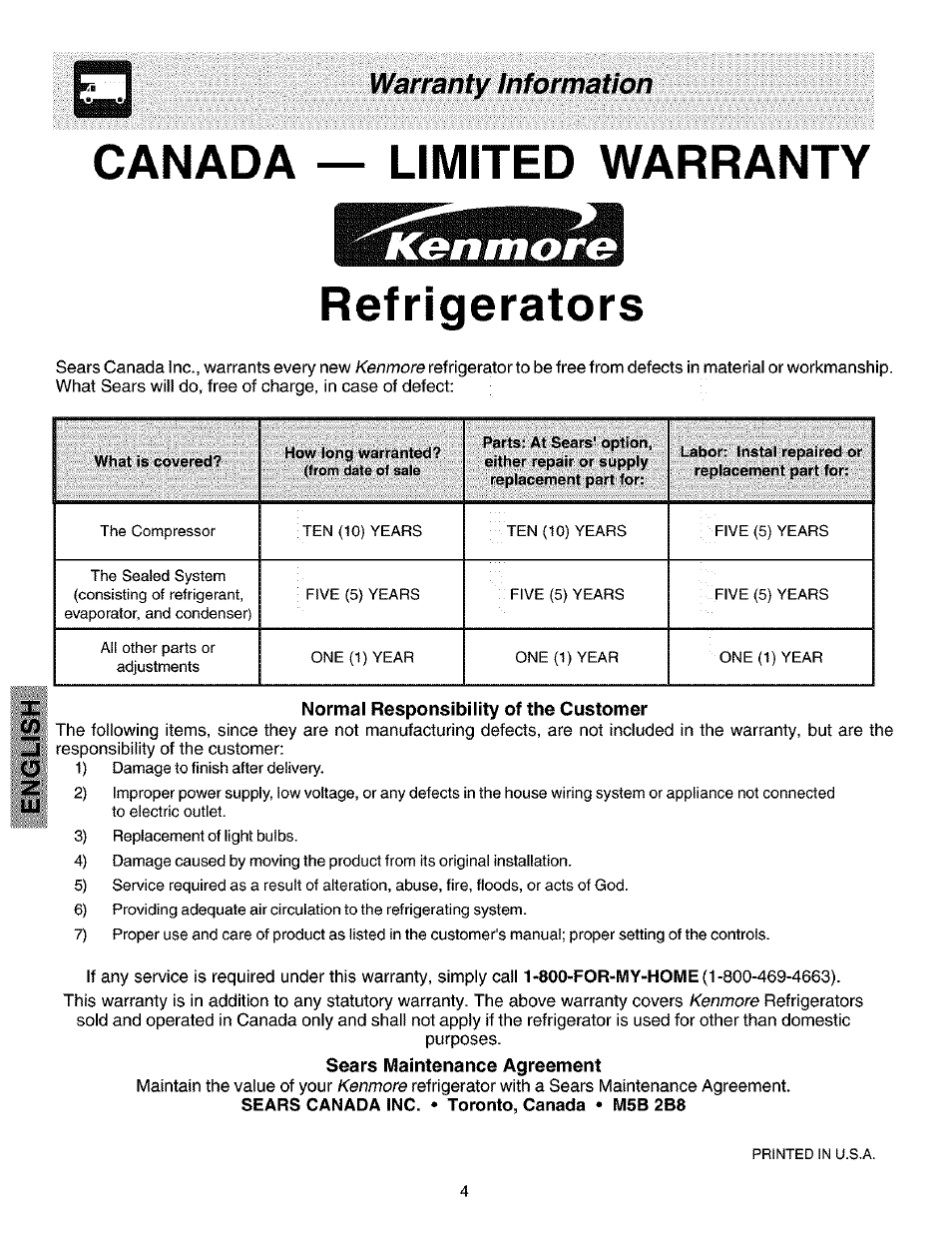 Warranty information, Sears maintenance agreement, Canada | Limited warranty, Refrigerators, Ken more | Kenmore 25353222301 User Manual | Page 4 / 25