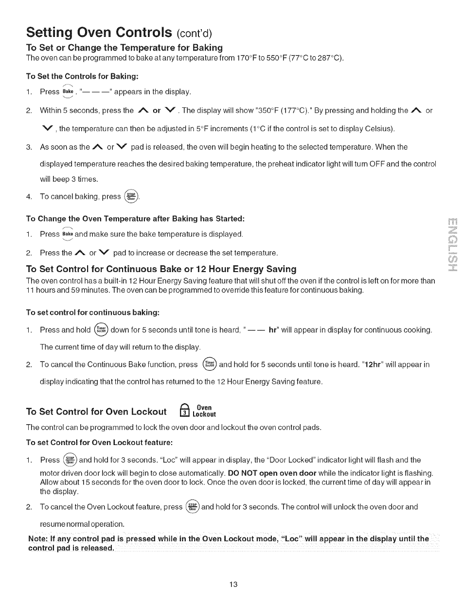 To set control for continuous baking, To set control for oven lockout q lockout, To set control for oven lockout feature | Setting oven controls, Cont’d) | Kenmore 790.9602 User Manual | Page 13 / 24