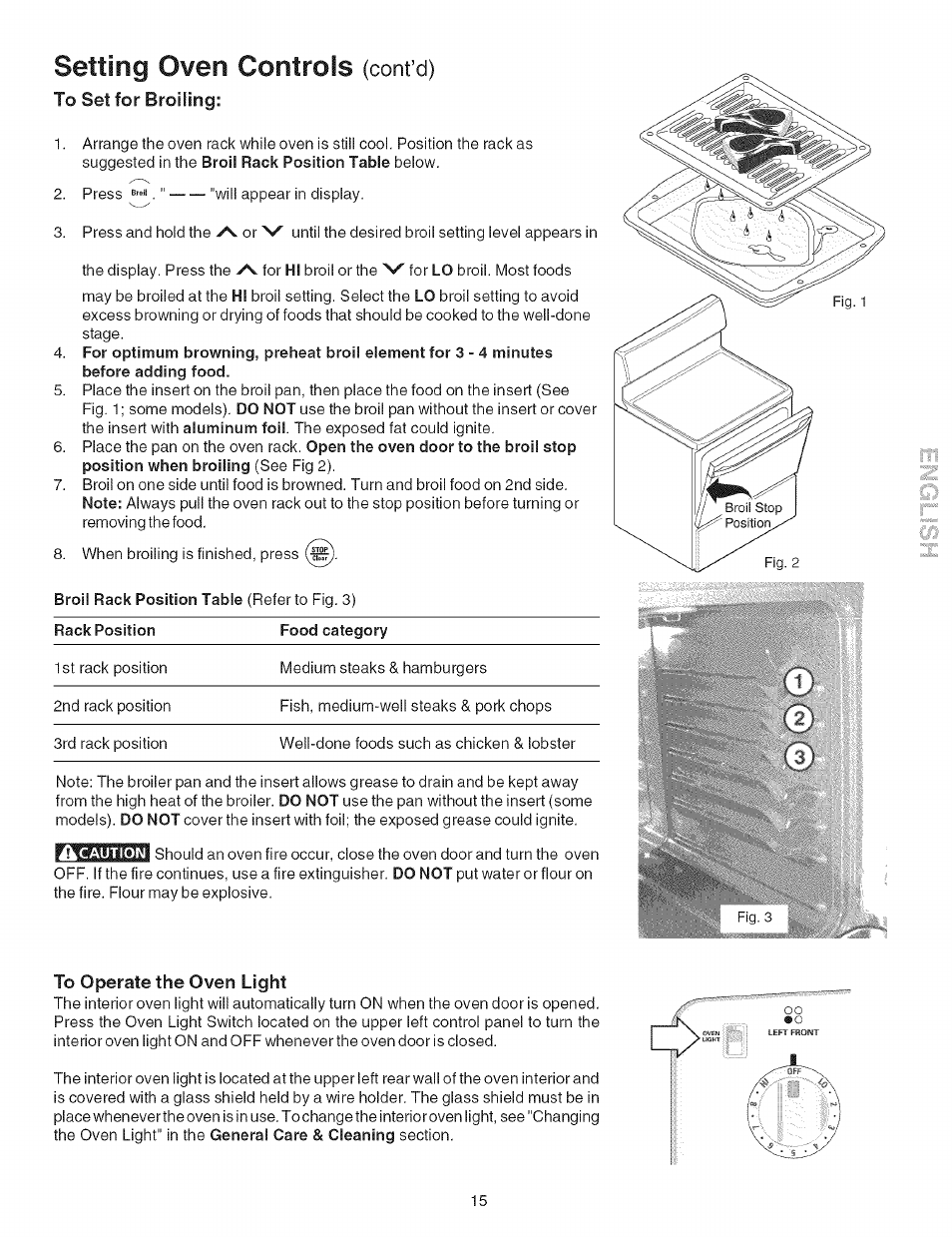 Setting oven controls (cont’d), To set for broiling, To operate the oven light | Setting oven controls, Iiib, Cont’d) | Kenmore 790.9602 User Manual | Page 15 / 24