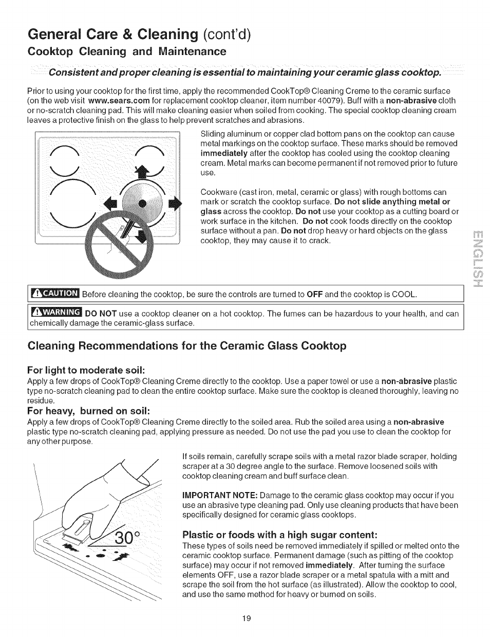 Caution, A warning, For light to moderate soil | For heavy, burned on soil, Plastic or foods with a high sugar content, General care & cleaning (cont’d), Cooktop cleaning and maintenance | Kenmore 790.9602 User Manual | Page 19 / 24