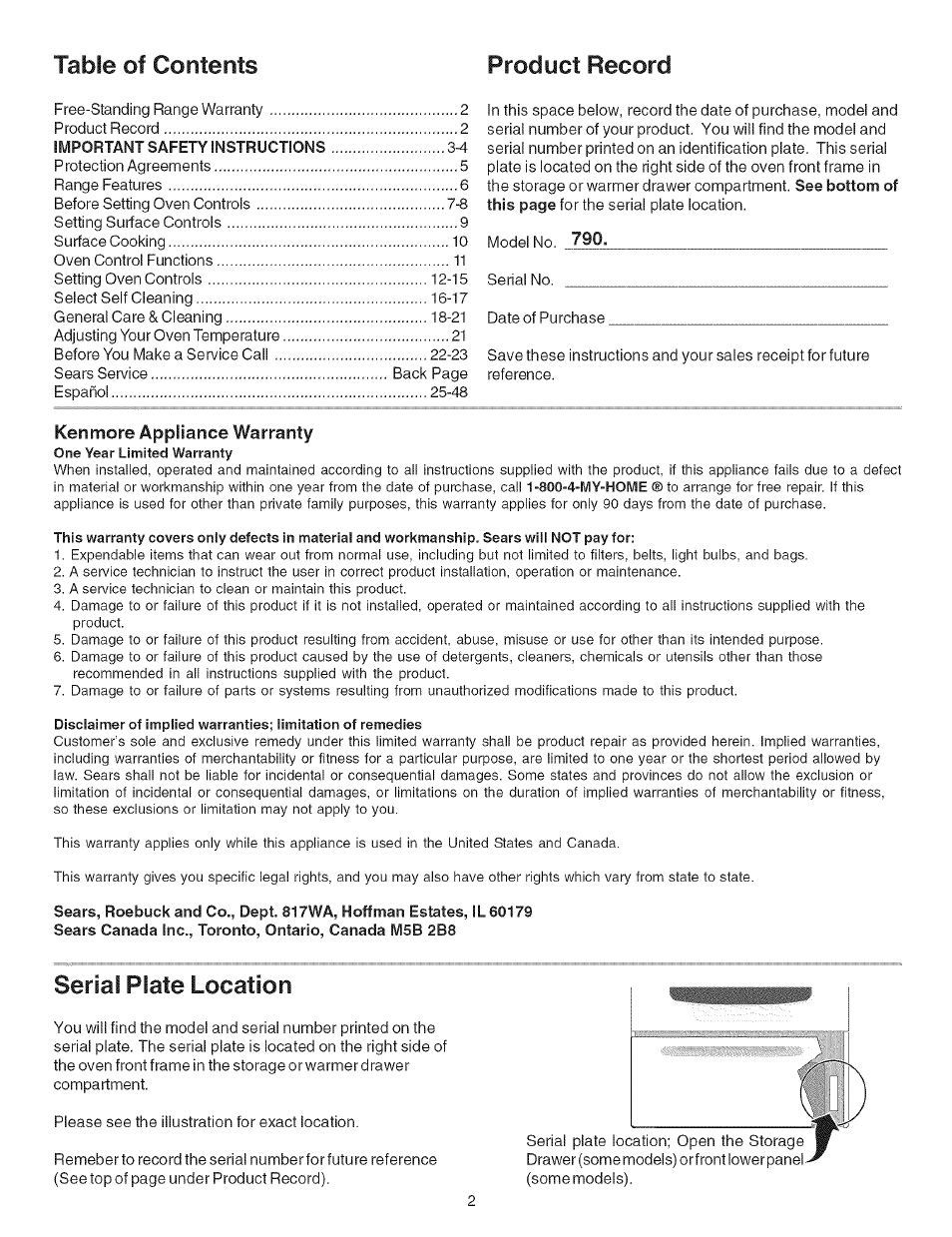 Ken more appliance warranty, Table of contents product record, Serial | Plate location | Kenmore 790.9602 User Manual | Page 2 / 24