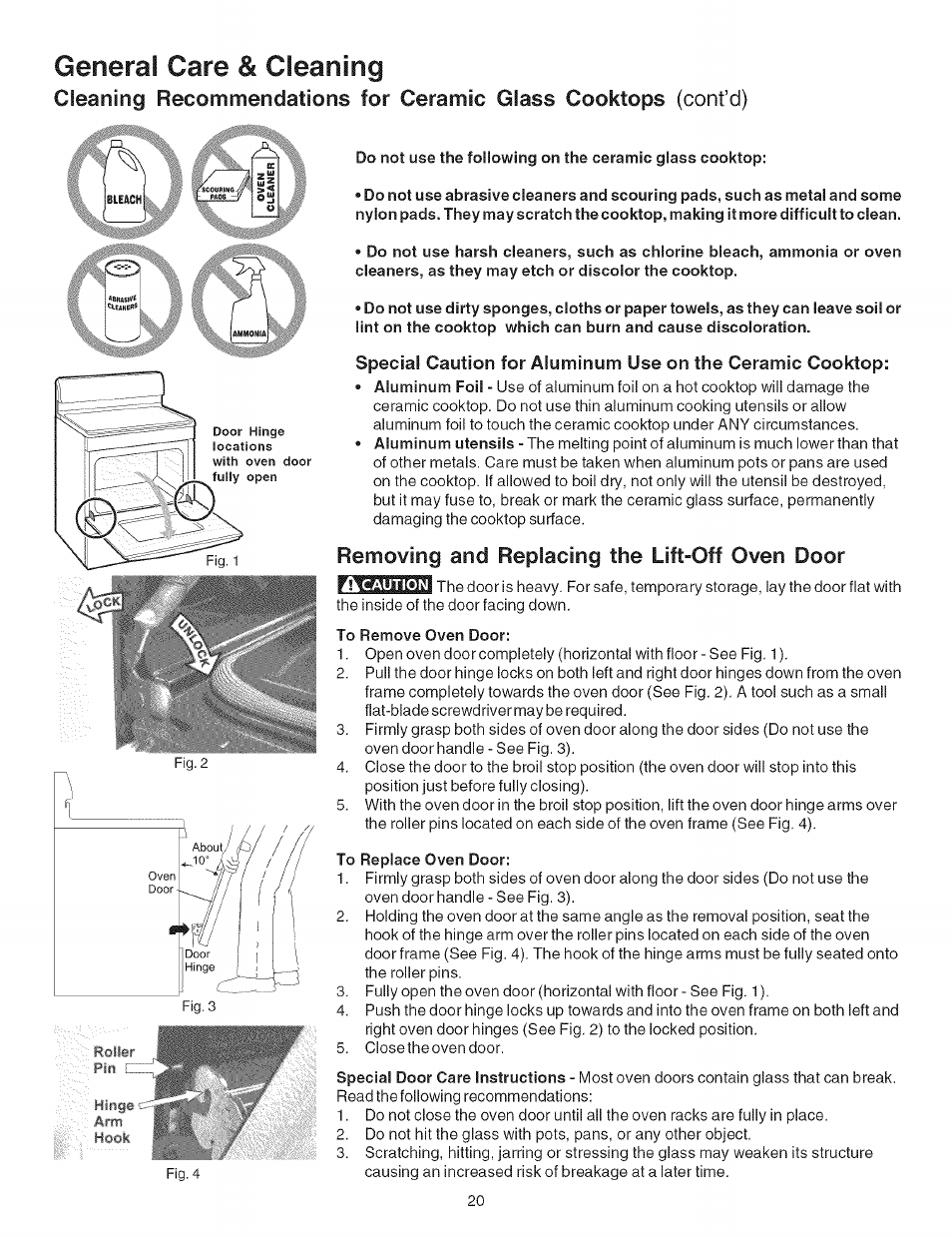 General care & cleaning, Removing and replacing the lift-off oven door, To remove oven door | To replace oven door | Kenmore 790.9602 User Manual | Page 20 / 24