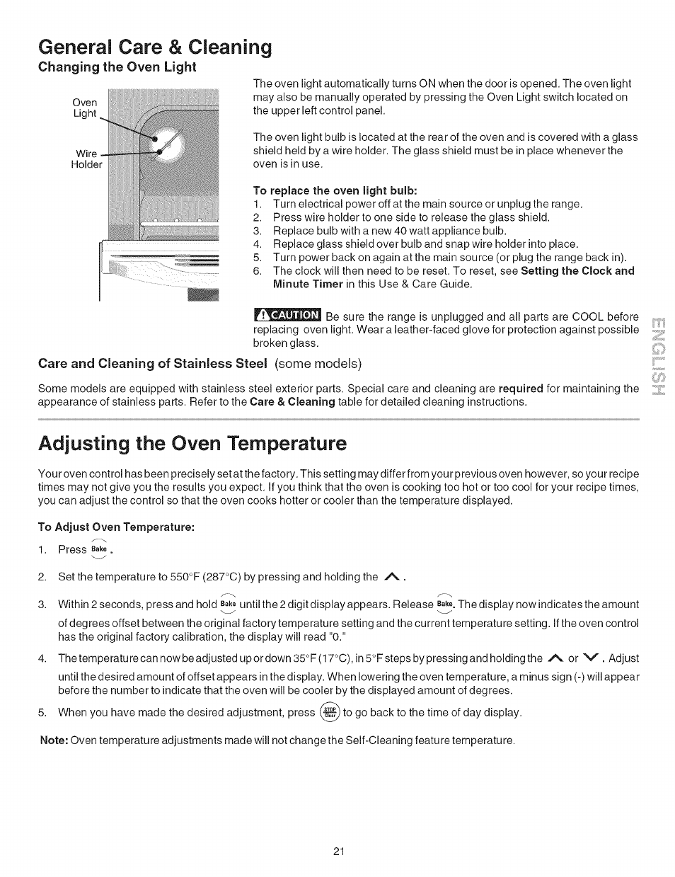 To replace the oven light bulb, Care and cleaning of stainless steel (some models), General care & cleaning | Adjusting the oven temperature, Some models) | Kenmore 790.9602 User Manual | Page 21 / 24